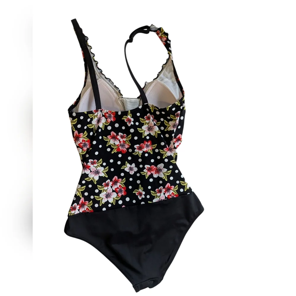 Lascana for Venus ruched one piece black and pink floral swim suit